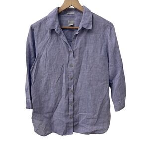 Chico's Button Up Shirt Size 2 Large Purple Blue 100% Linen No Iron 3/4 Sleeve